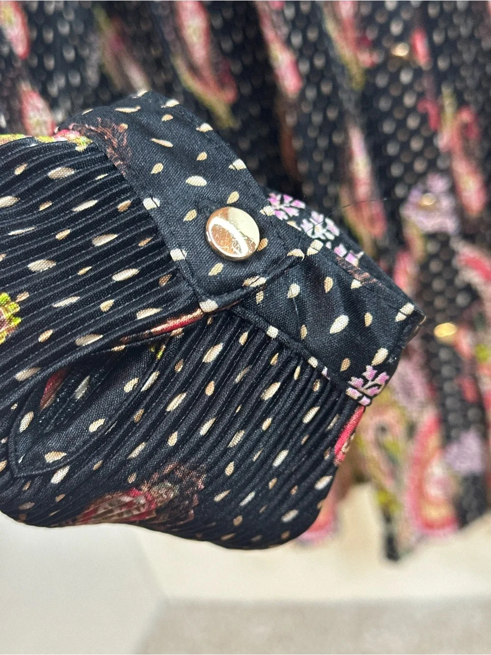 Black Paisley Button-Up Blouse with Pink & Green Accents - Picture 5 of 6